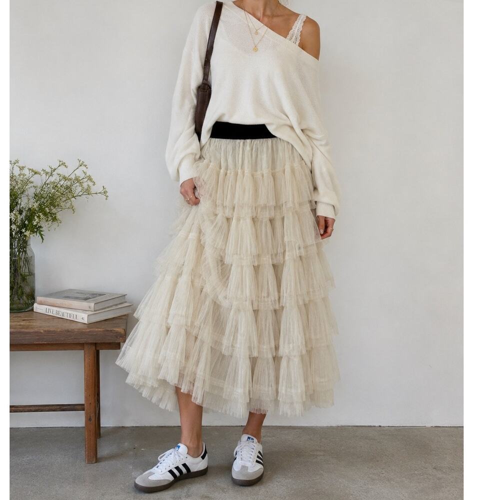 Maje Josepha Tiered Tulle Midi Skirt White Pleated Women’s 4
